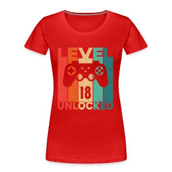 Level 18 Unlocked - Women's Premium Organic T-Shirt - red - Front - Mia (176cm)
