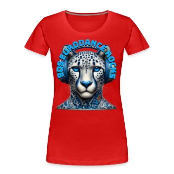 90S EURODANCE ROCKS - Cool Cheetah with Headphones - Women's Premium Organic T-Shirt - red - Front - Mia (176cm)