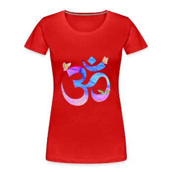 Om watercolor in blau und pink mit Schmetterlingen - Frauen Premium Bio T-Shirt - Rot - Vorne - Mia (176cm)