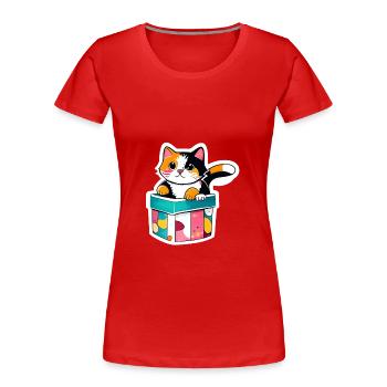 "Un chat curieux dans une boîte, - Frauen Premium Bio T-Shirt - Rot - Vorne - Mia (176cm)