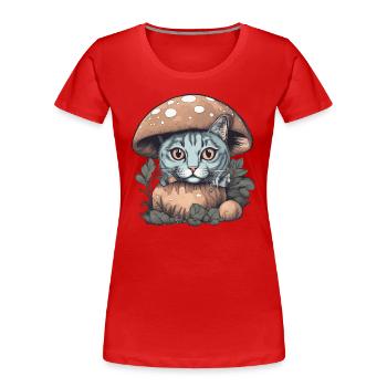 Katze sonnt sich im Sonnenlicht unter einem Pilz - Frauen Premium Bio T-Shirt - Rot - Vorne - Mia (176cm)