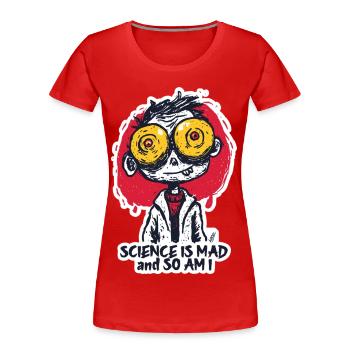 Aufkleber mit weit aufgerissenen Augen des verrückten Wissenschaftlers - Frauen Premium Bio T-Shirt - Rot - Vorne - Mia (176cm)