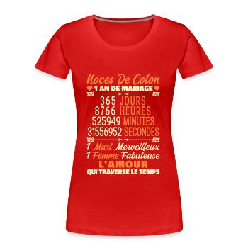 1 an de Mariage | Noces De Coton - T-shirt bio Premium Femme - rouge - Devant - Mia (176cm)