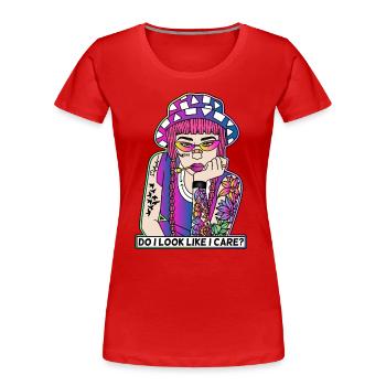 POP-ART COMIC TATTOO GIRL LIKE I CARE? - Frauen Premium Bio T-Shirt - Rot - Vorne - Mia (176cm)