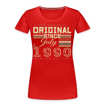 Juillet 1990 Anniversaire Juillet 1990 July 1990 - T-shirt bio Premium Femme - rouge - Devant - Mia (176cm)