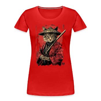 Cat Samurai Funny Gift - Women's Premium Organic T-Shirt - red - Front - Mia (176cm)