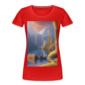 Landscape with lake, boat and mountains - Women's Premium Organic T-Shirt - red - Front - Mia (176cm)