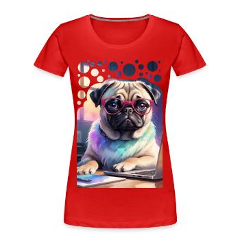 Office Dog Pug with Laptop and Pink Glasses Pop Art - Women's Premium Organic T-Shirt - red - Front - Mia (176cm)