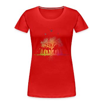 Bunte Natur Stadt Baum Hochhaus Vogel Wurzeln Haus - Frauen Premium Bio T-Shirt - Rot - Vorne - Mia (176cm)