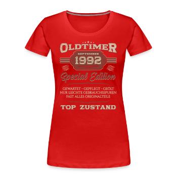 32. Geburtstag Oldtimer September 1992 Jahrgang 92 - Frauen Premium Bio T-Shirt - Rot - Vorne - Mia (176cm)
