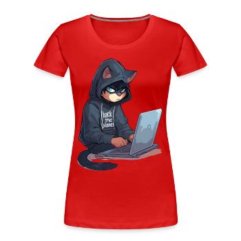 Cyber Hacker Cat Hackerkatze - Frauen Premium Bio T-Shirt - Rot - Vorne - Mia (176cm)