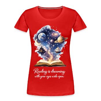 Lire, c’est rêver - Magic Book & Stars - T-shirt bio Premium Femme - rouge - Devant - Mia (176cm)