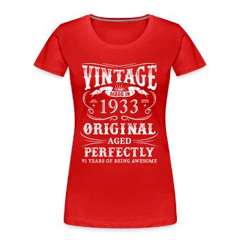 Millésime fabriqué en janvier 1933 91 ans d’être - T-shirt bio Premium Femme - rouge - Devant - Mia (176cm)