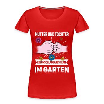 Mutter Tochter im Garten - Frauen Premium Bio T-Shirt - Rot - Vorne - Mia (176cm)