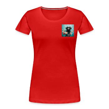 Labrador noir, fleurs et eau - T-shirt bio Premium Femme - rouge - Devant - Mia (176cm)
