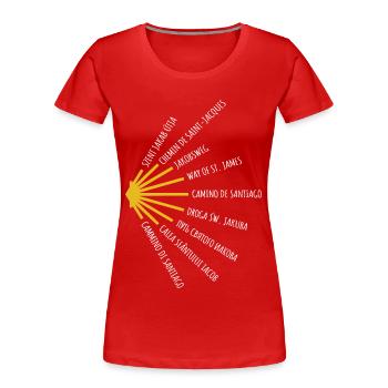 Le Chemin de Saint-Jacques-de-Compostelle compte de nombreuses langues - Chemin - Pèlerinage - T-shirt bio Premium Femme - rouge - Devant - Mia (176cm)