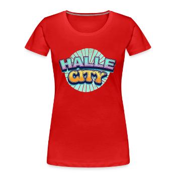 Halle Germany City Font Pop Art Comic - Women's Premium Organic T-Shirt - red - Front - Mia (176cm)