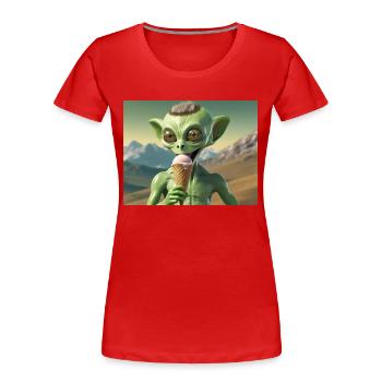 Alien gris à la surface de la lune – manger de la crème glacée - T-shirt bio Premium Femme - rouge - Devant - Mia (176cm)