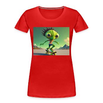 niedliches kleines grünes Retro Alien Skateboarden - Frauen Premium Bio T-Shirt - Rot - Vorne - Mia (176cm)