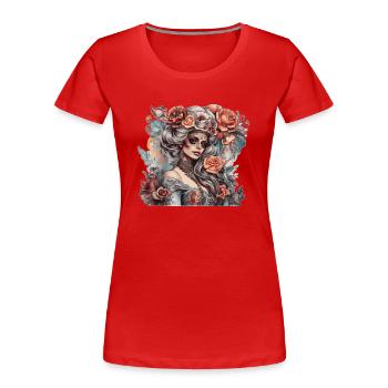 Femme rêveuse et séduisante dans un style vintage - T-shirt bio Premium Femme - rouge - Devant - Mia (176cm)