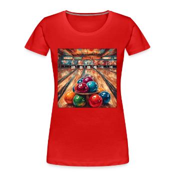 Bowling / Kegeln / Bowlingbahn / Pin / Strike - Frauen Premium Bio T-Shirt - Rot - Vorne - Mia (176cm)