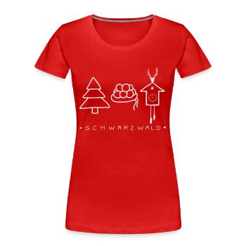 Schwarzwald mit Tannenbaum, Bollenhut und Uhr - Frauen Premium Bio T-Shirt - Rot - Vorne - Mia (176cm)