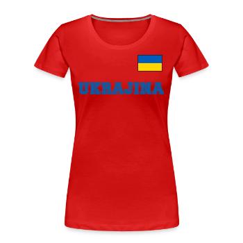 Ukraine Trikot Look – UKRAJINA mit Fahne Flagge - Frauen Premium Bio T-Shirt - Rot - Vorne - Mia (176cm)
