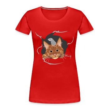 Katze und graue Maus lugen durch eine kaputte Wand - Frauen Premium Bio T-Shirt - Rot - Vorne - Mia (176cm)