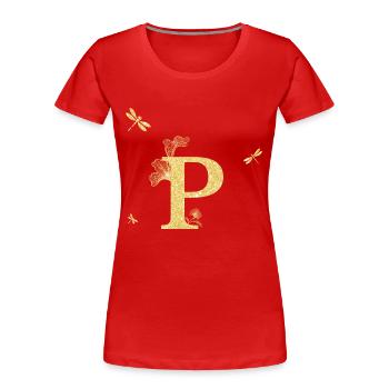 Lettre p paillettes doré libellule - idée cadeau - T-shirt bio Premium Femme - rouge - Devant - Mia (176cm)