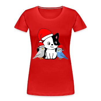 Noël - Amis des animaux festifs - chat et perruches - T-shirt bio Premium Femme - rouge - Devant - Mia (176cm)