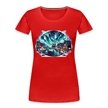 Village nordique la nuit sous les aurores boréales - T-shirt bio Premium Femme - rouge - Devant - Mia (176cm)