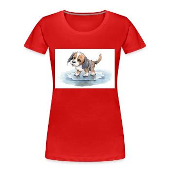 Happy dog playing in a rain puddle - Women's Premium Organic T-Shirt - red - Front - Mia (176cm)