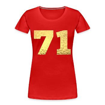 71 paillettes doré - 71 anniversaire - T-shirt bio Premium Femme - rouge - Devant - Mia (176cm)