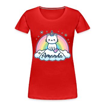 Amanda Nom Prénom Chat licorne - T-shirt bio Premium Femme - rouge - Devant - Mia (176cm)