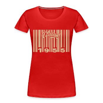 vintage 1955 Code barre 1955: Année 2025. - T-shirt bio Premium Femme - rouge - Devant - Mia (176cm)