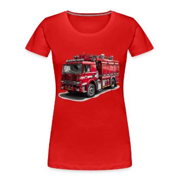 Mit dem Feuerwehrauto Brände bekämpfen - Frauen Premium Bio T-Shirt - Rot - Vorne - Mia (176cm)
