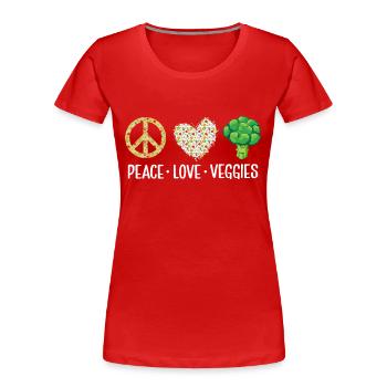 Peace Love Veggies Vegan Funny Veganism - Frauen Premium Bio T-Shirt - Rot - Vorne - Mia (176cm)