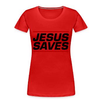 Jesus Rettet Bibelvers - Frauen Premium Bio T-Shirt - Rot - Vorne - Mia (176cm)
