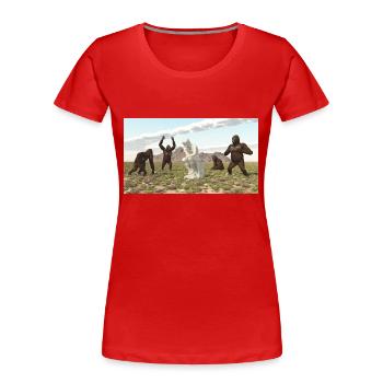 Gorillas mit Denker Skulptur - Frauen Premium Bio T-Shirt - Rot - Vorne - Mia (176cm)