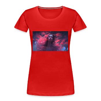 femme avec des dauphins mystiques et des poissons dans la mer - T-shirt bio Premium Femme - rouge - Devant - Mia (176cm)
