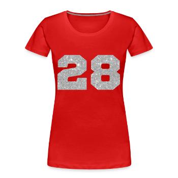 Numéro 28 paillettes argenté - 28e anniversaire - T-shirt bio Premium Femme - rouge - Devant - Mia (176cm)