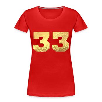 Numéro 33 paillettes doré - 33e anniversaire - T-shirt bio Premium Femme - rouge - Devant - Mia (176cm)