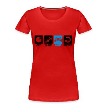 text buttons eat sleep game repeat wiederholen ess - Frauen Premium Bio T-Shirt - Rot - Vorne - Mia (176cm)