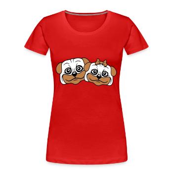 2 chiens Carlin Homme Femme Couple Deux Amoureux Amour - T-shirt bio Premium Femme - rouge - Devant - Mia (176cm)
