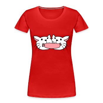 2 Katzen Essen Würstchen Wurst Mund Fressen Paar - Frauen Premium Bio T-Shirt - Rot - Vorne - Mia (176cm)