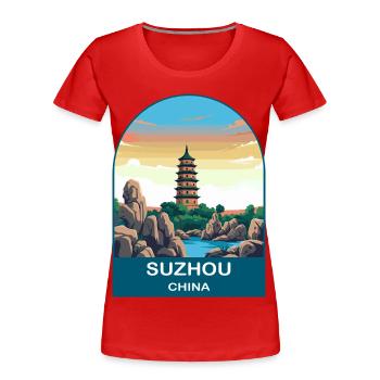 Suzhou China Classical Garden Vintage Travel Art - Women's Premium Organic T-Shirt - red - Front - Mia (176cm)