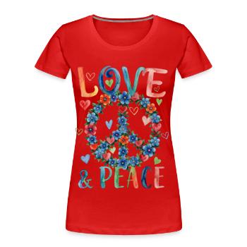 Enseigne florale Love and Peace en style aquarelle - T-shirt bio Premium Femme - rouge - Devant - Mia (176cm)