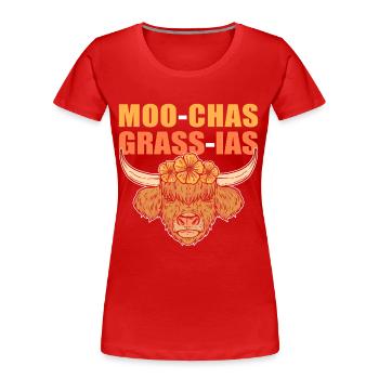 Moo-Chas Grass-Ias Highland Cattle Cow - Frauen Premium Bio T-Shirt - Rot - Vorne - Mia (176cm)
