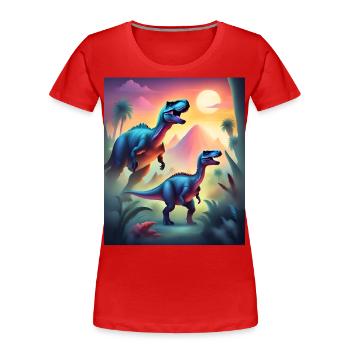 Epische bunte Dinosaurier und Sonnenuntergang - Frauen Premium Bio T-Shirt - Rot - Vorne - Mia (176cm)