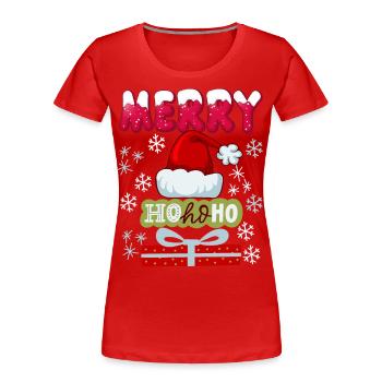 Weihnachtsmann, Mütze, HoHoHo und Geschenke Spruch - Frauen Premium Bio T-Shirt - Rot - Vorne - Mia (176cm)